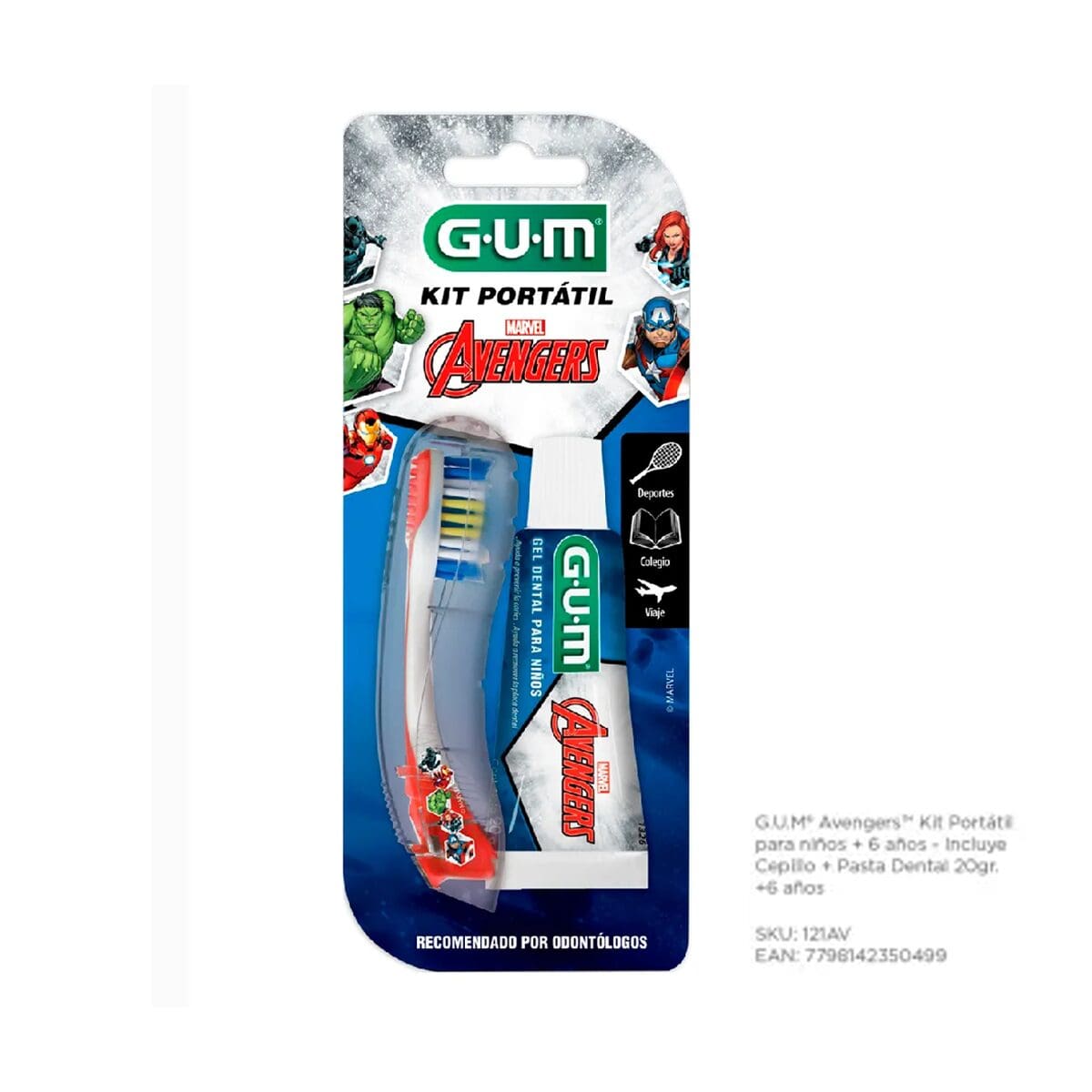 GUM Kit Viajero: Cepillo portátil Avengers para niños + pasta